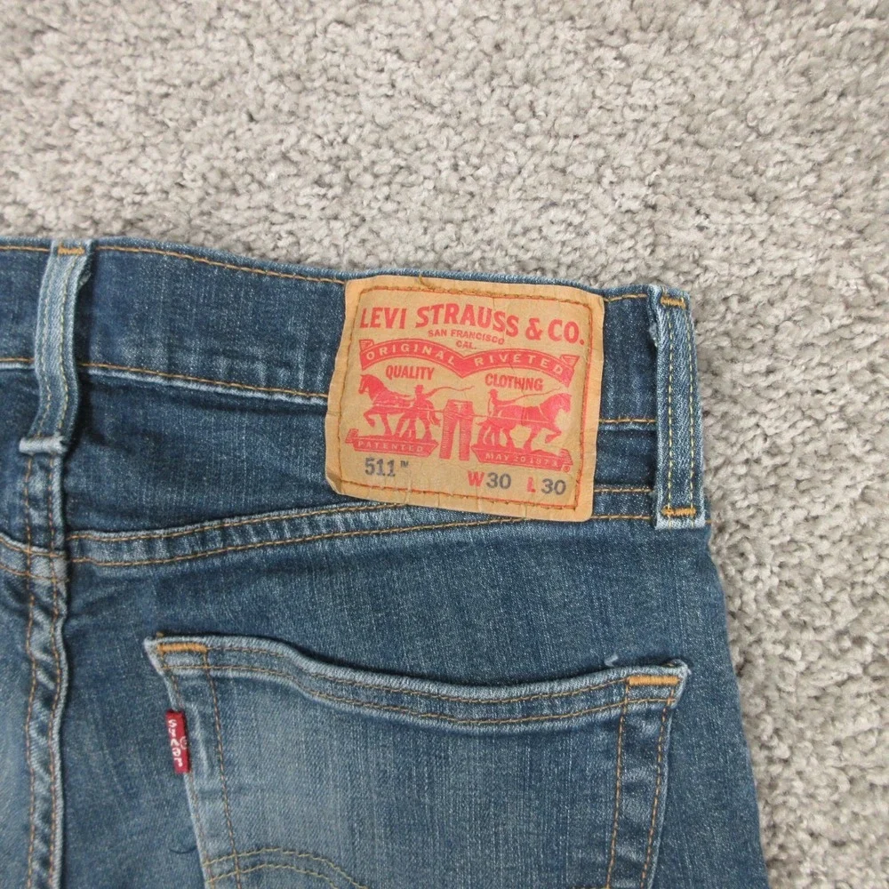 Levis Jeans Mens‎ 30x30 Blue 511 Slim Straight Faded Whiskering Zip Denim Pants